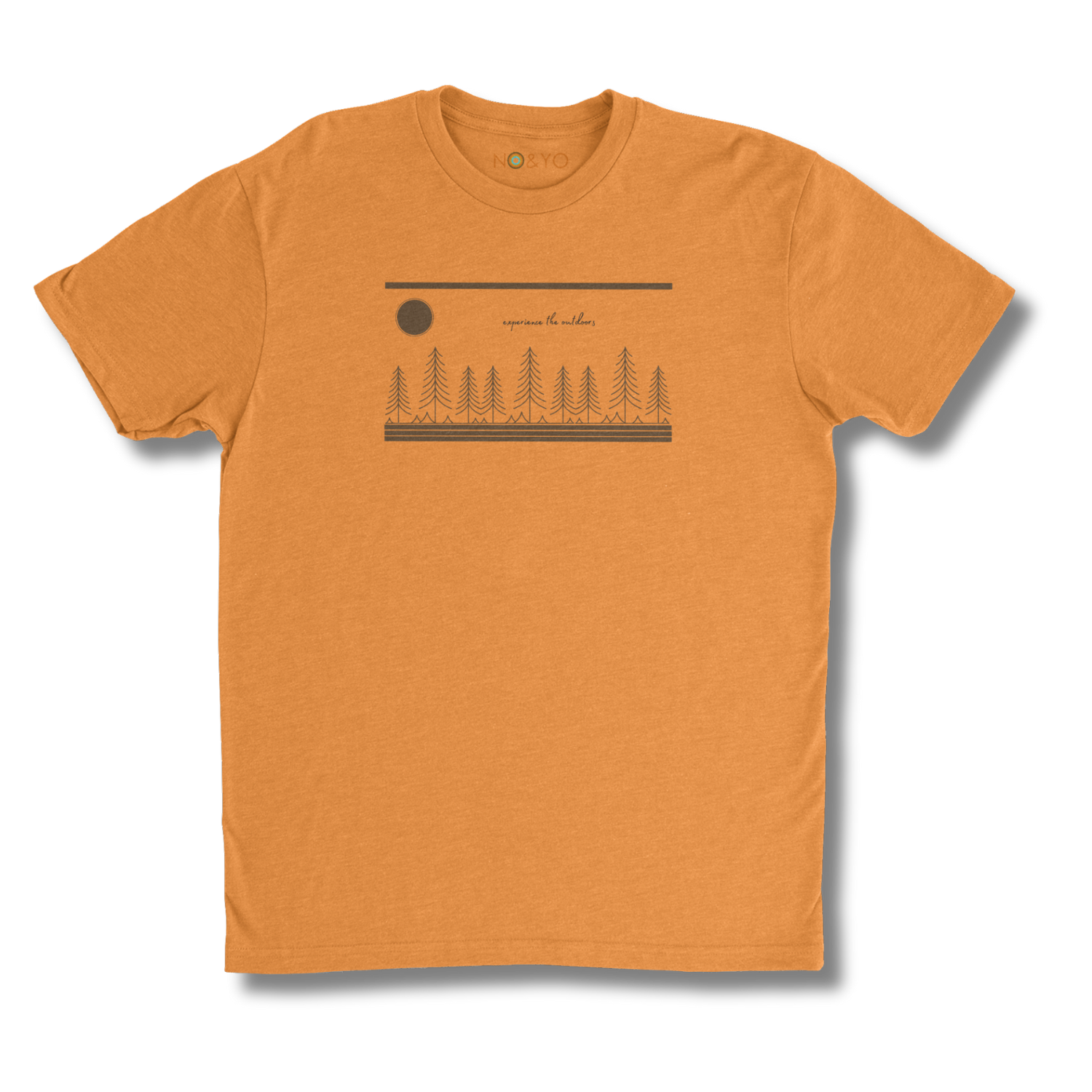 Orange t-shirt with a graphic design on a white background