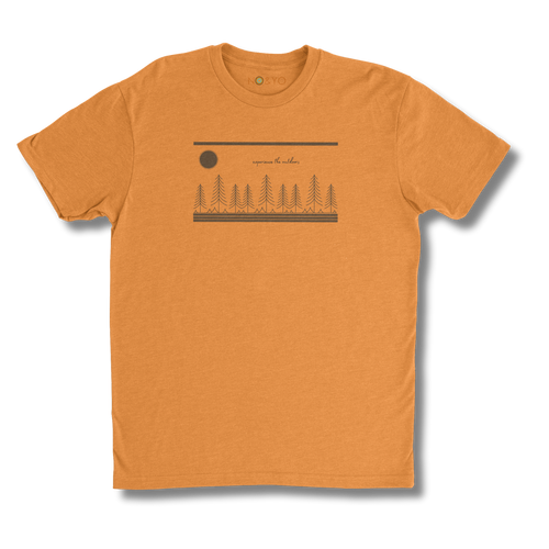 Orange t-shirt with a graphic design on a white background