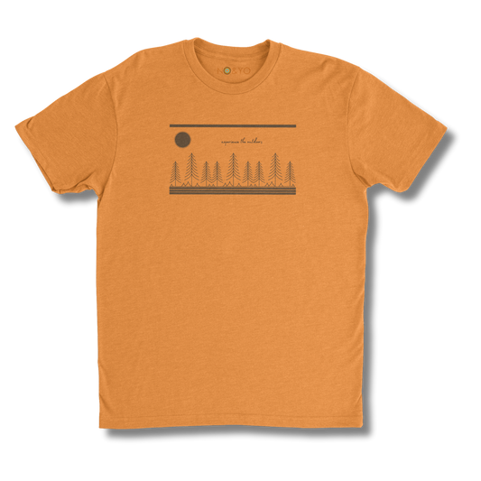 Orange t-shirt with a graphic design on a white background