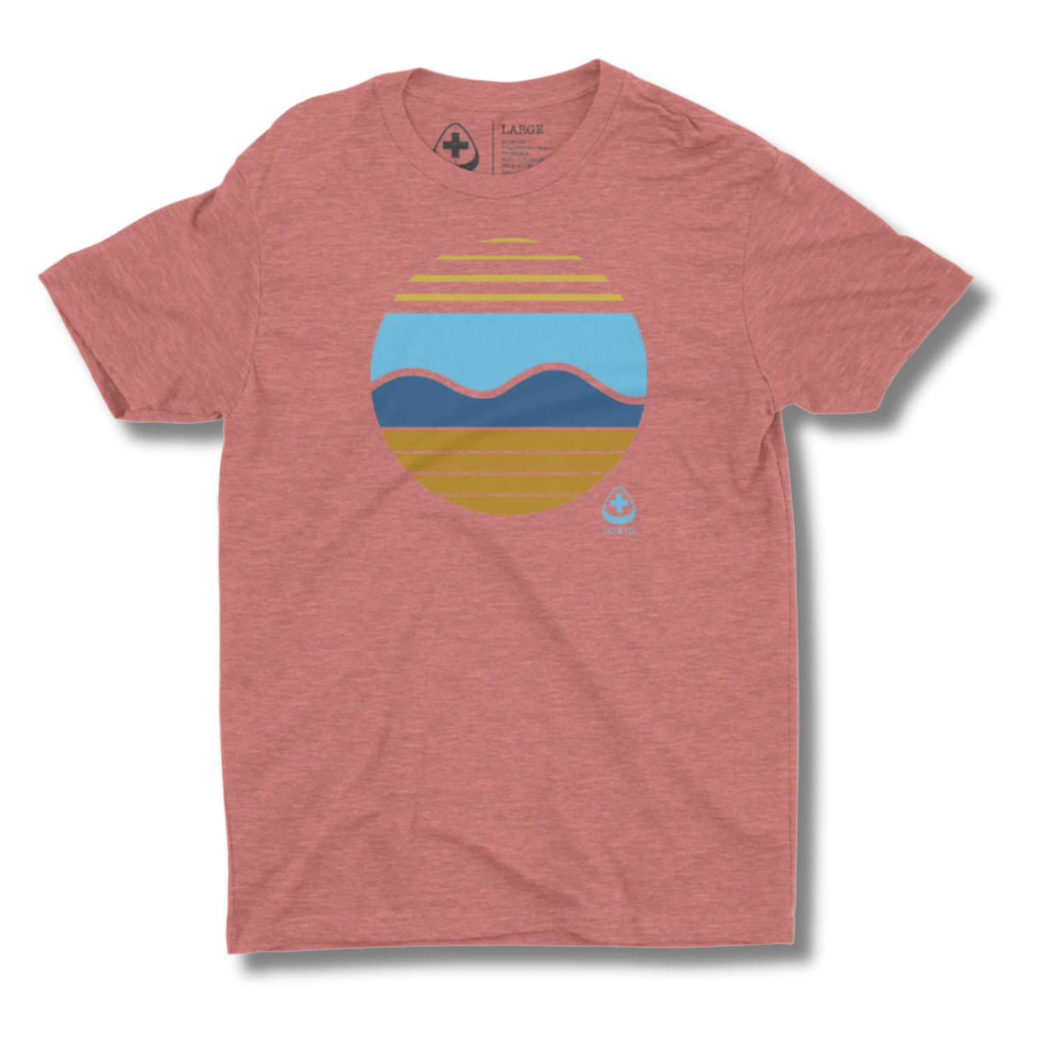 Red t-shirt with a colorful sun and waves graphic design on a red background