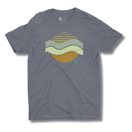Gray t-shirt with a colorful sun and waves graphic design on a gray background