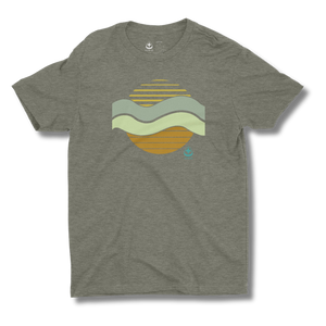 Military green t-shirt with a colorful sun and waves graphic design on a green background