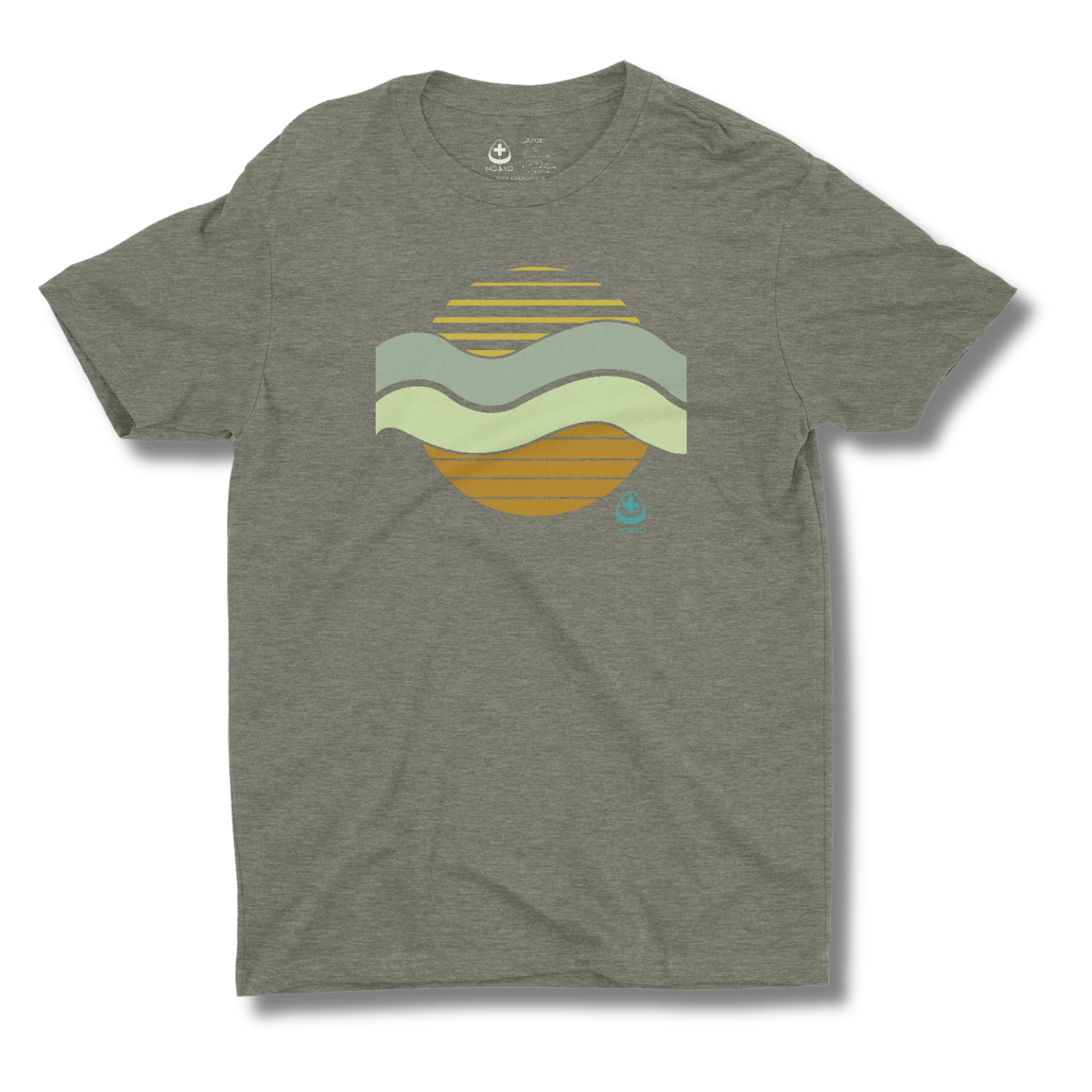 Military green t-shirt with a colorful sun and waves graphic design on a green background