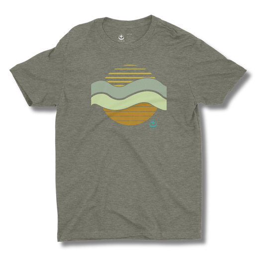 Military green t-shirt with a colorful sun and waves graphic design on a green background