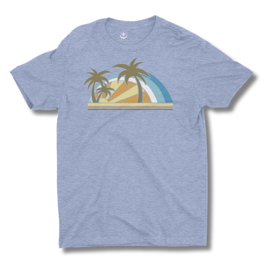 Blue t-shirt with palm tree and rainbow design on a white background