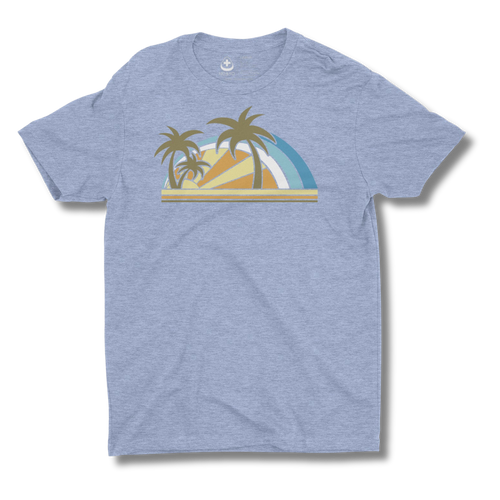 Blue t-shirt with palm tree and rainbow design on a white background