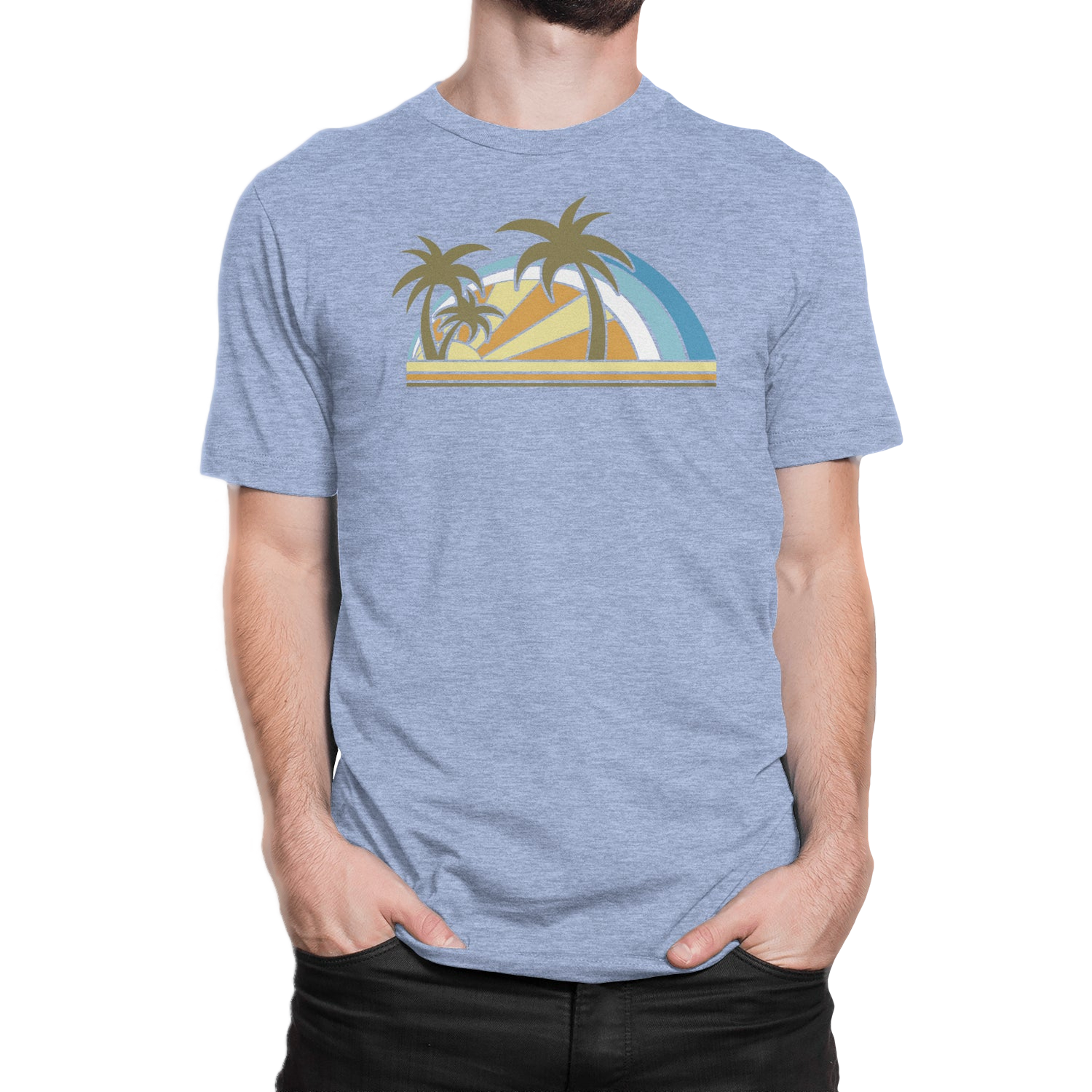 Front view of NO&YO luxury men’s vintage colors palms graphic tee in light blue.