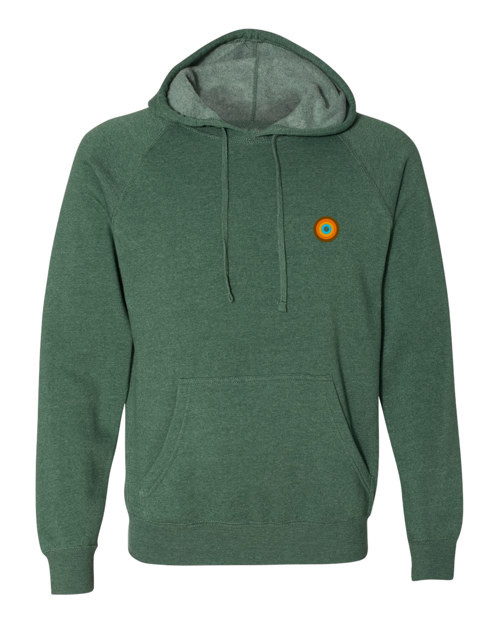 A green hooded pullover with a special blend fleece lining, featuring a distinctive orange logo on the lower left front side.