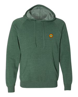 A green hooded pullover with a special blend fleece lining, featuring a distinctive orange logo on the lower left front side.