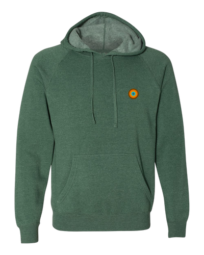 A green hooded pullover with a special blend fleece lining, featuring a distinctive orange logo on the lower left front side.