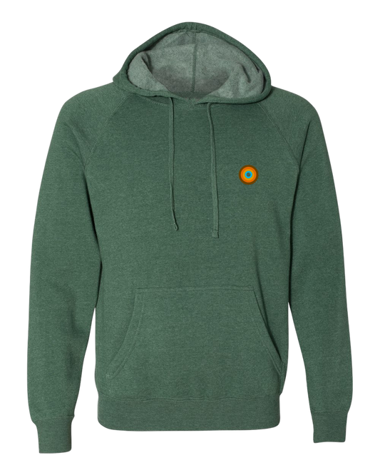 A green hooded pullover with a special blend fleece lining, featuring a distinctive orange logo on the lower left front side.