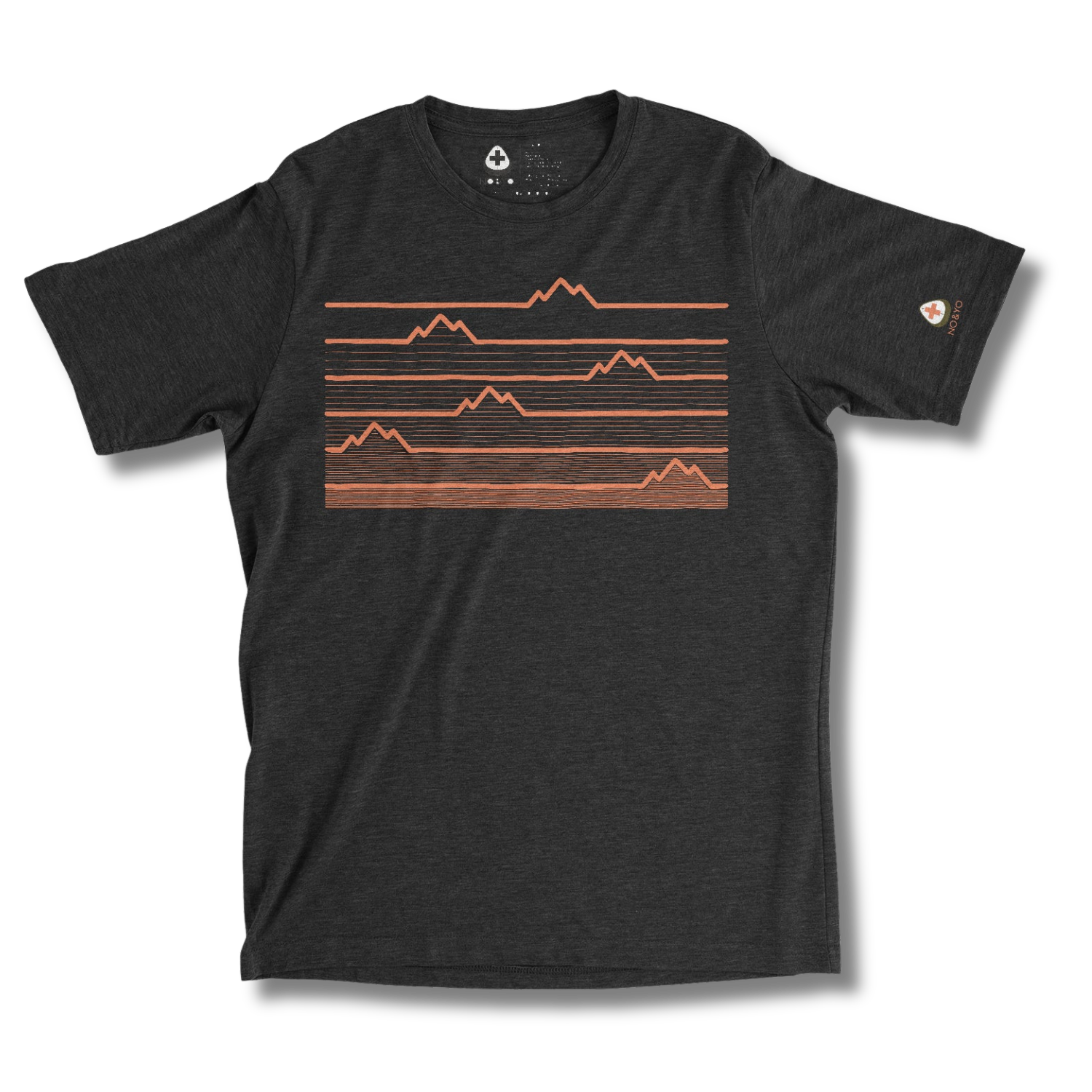 Black t-shirt with mountain graphic hearbeat on a heather black background