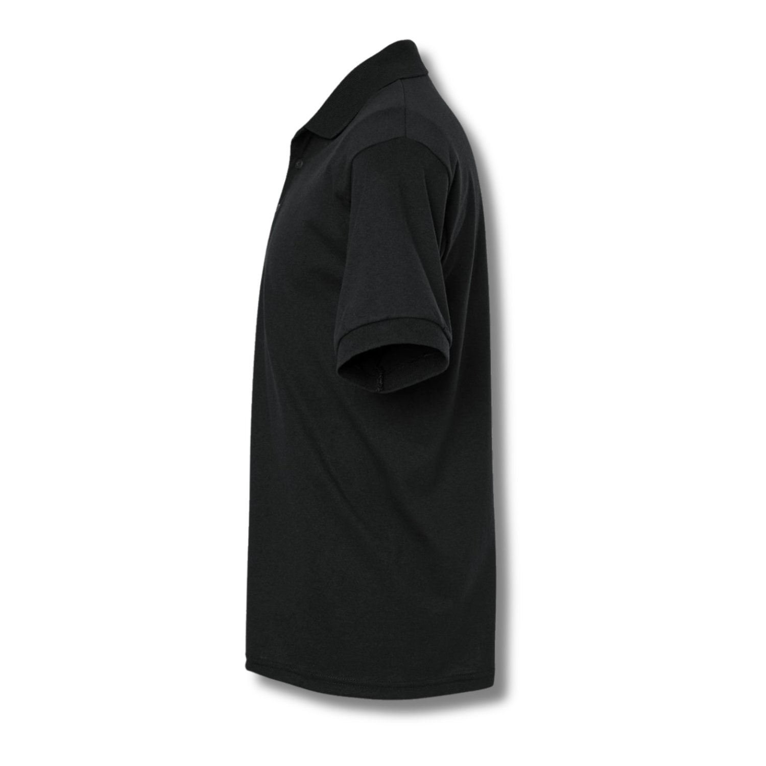 Side profile of NO&YO black polo shirt, crafted with durable comfort for premium outdoor adventures.