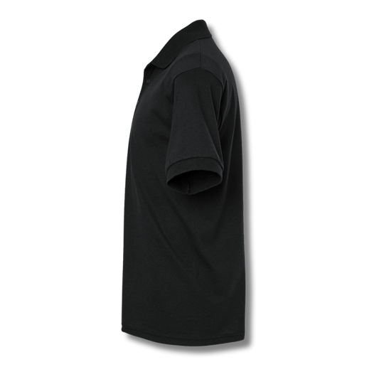 Side profile of NO&YO black polo shirt, crafted with durable comfort for premium outdoor adventures.