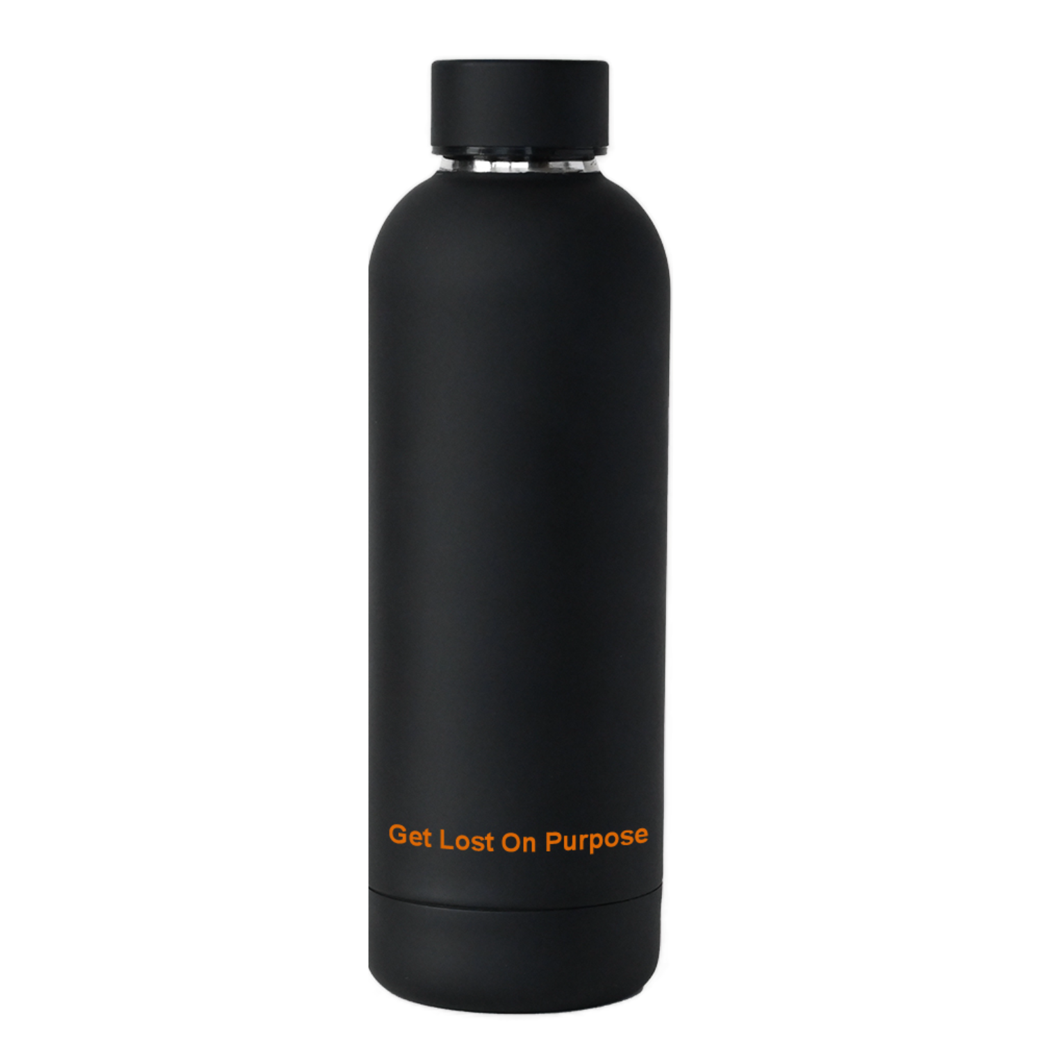 Sleek matte black NO&YO stainless steel water bottle with "Get Lost On Purpose" text at the bottom.