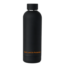 Load image into Gallery viewer, Sleek matte black NO&amp;YO stainless steel water bottle with &quot;Get Lost On Purpose&quot; text at the bottom.
