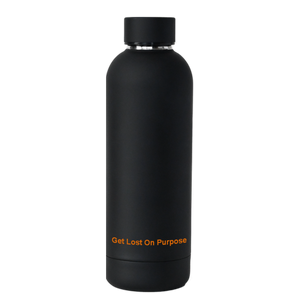 Sleek matte black NO&YO stainless steel water bottle with "Get Lost On Purpose" text at the bottom.
