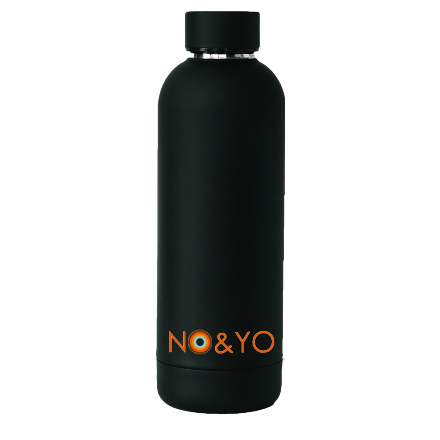 Matte black NO&YO reusable water bottle featuring the NO&YO logo in orange at the base.