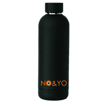 Load image into Gallery viewer, Matte black NO&amp;YO reusable water bottle featuring the NO&amp;YO logo in orange at the base.
