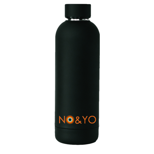 Matte black NO&YO reusable water bottle featuring the NO&YO logo in orange at the base.