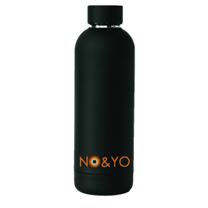 Matte black NO&YO reusable water bottle featuring the NO&YO logo in orange at the base.