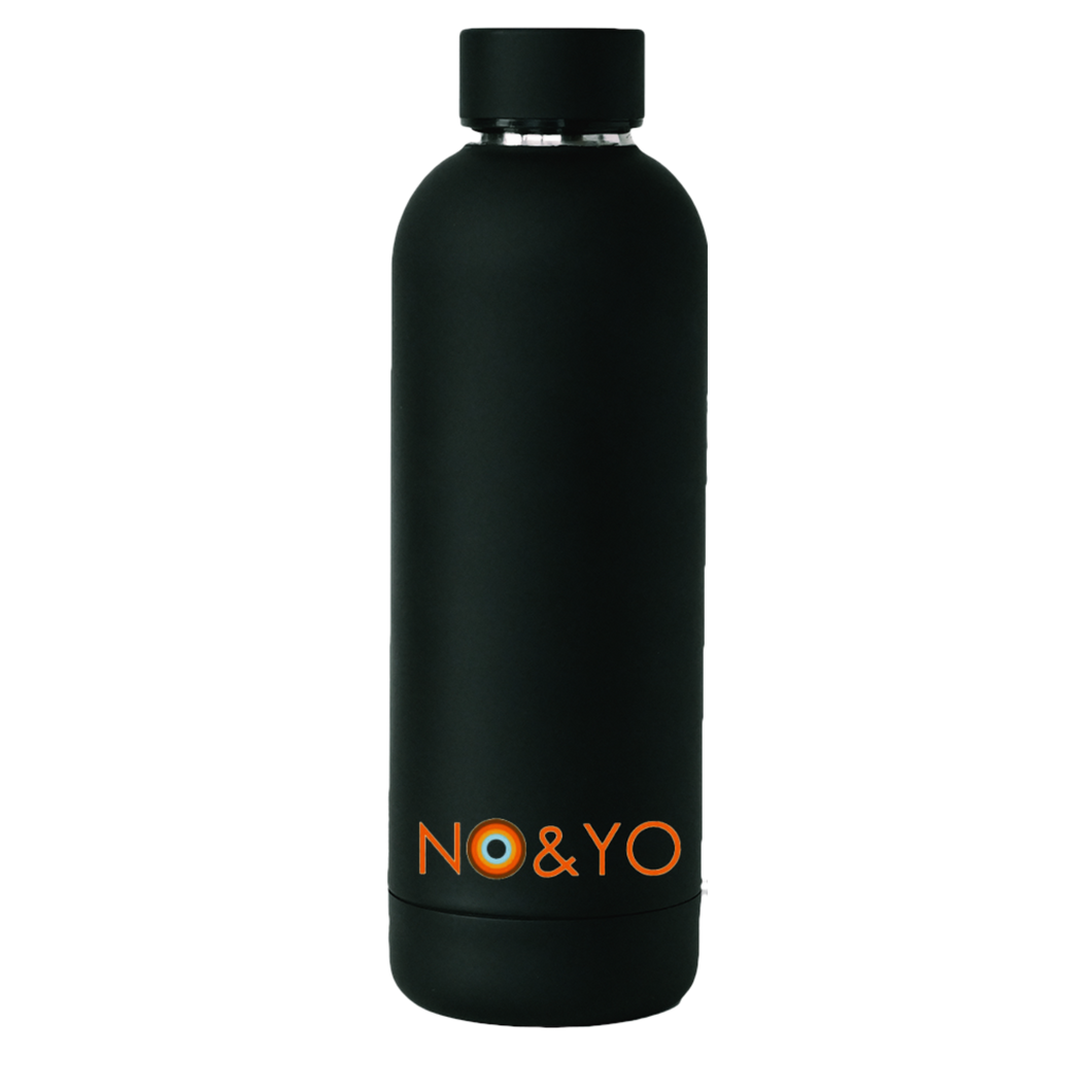 Matte black NO&YO reusable water bottle featuring the NO&YO logo in orange at the base.