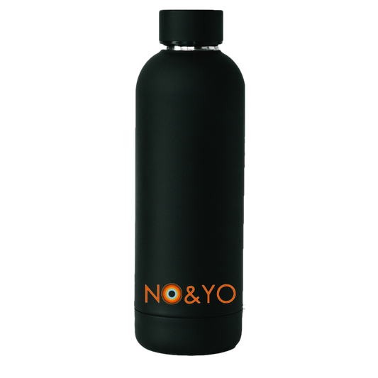 Matte black NO&YO reusable water bottle featuring the NO&YO logo in orange at the base.