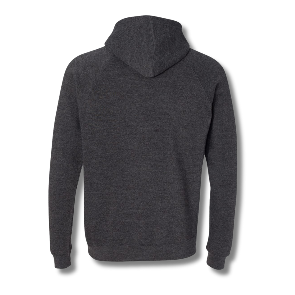 Back view of NO&YO carbon black raglan hoodie, minimalist and modern adventure design.