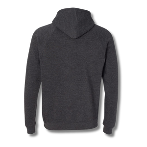 Back view of NO&YO carbon black raglan hoodie, minimalist and modern adventure design.
