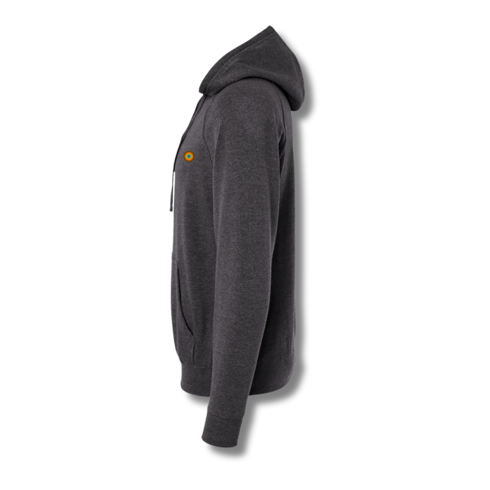 Side profile of NO&YO carbon black hoodie with raglan sleeves and lightweight comfort.
