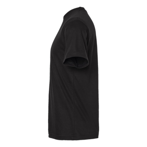 Side view of NO&YO classic black tee, sustainably made with soft fabric and designed for outdoor comfort and casual style.