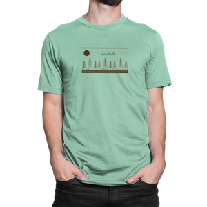 NO&YO Apple green wilderness graphic tee featuring trees and sun design