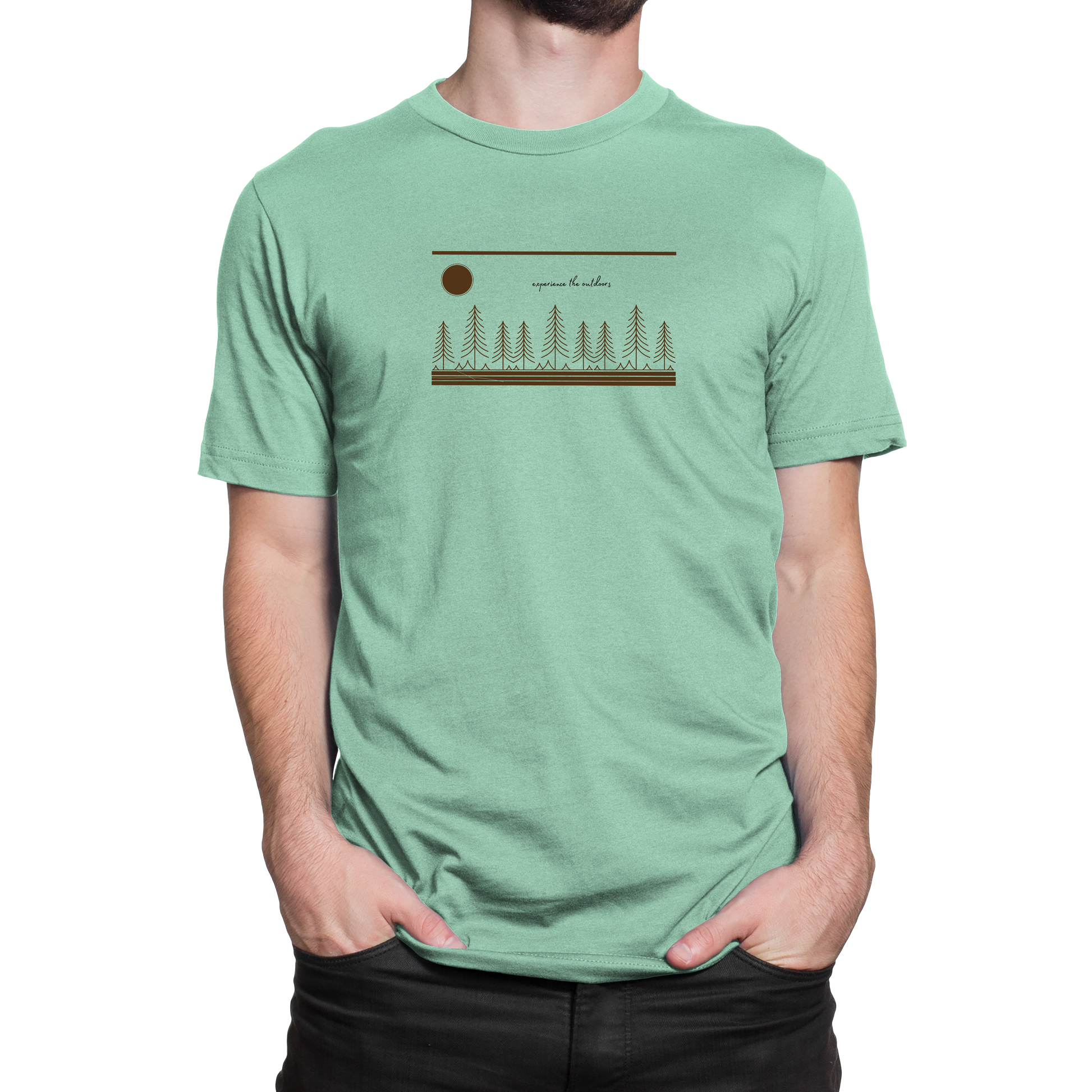 NO&YO Apple green wilderness graphic tee featuring trees and sun design