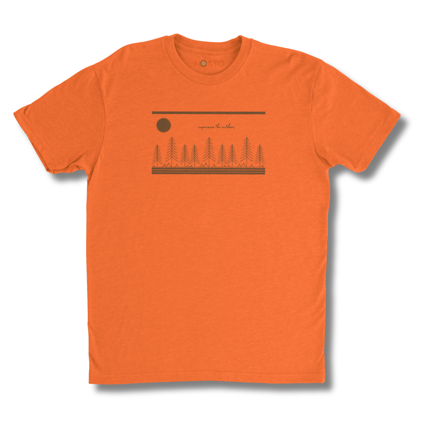 Front view of NO&YO orange "Experience the Wilderness" graphic tee with forest design
