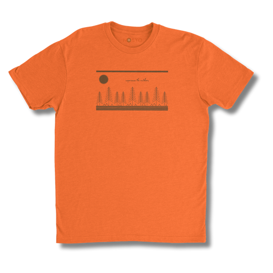 Front view of NO&YO orange "Experience the Wilderness" graphic tee with forest design