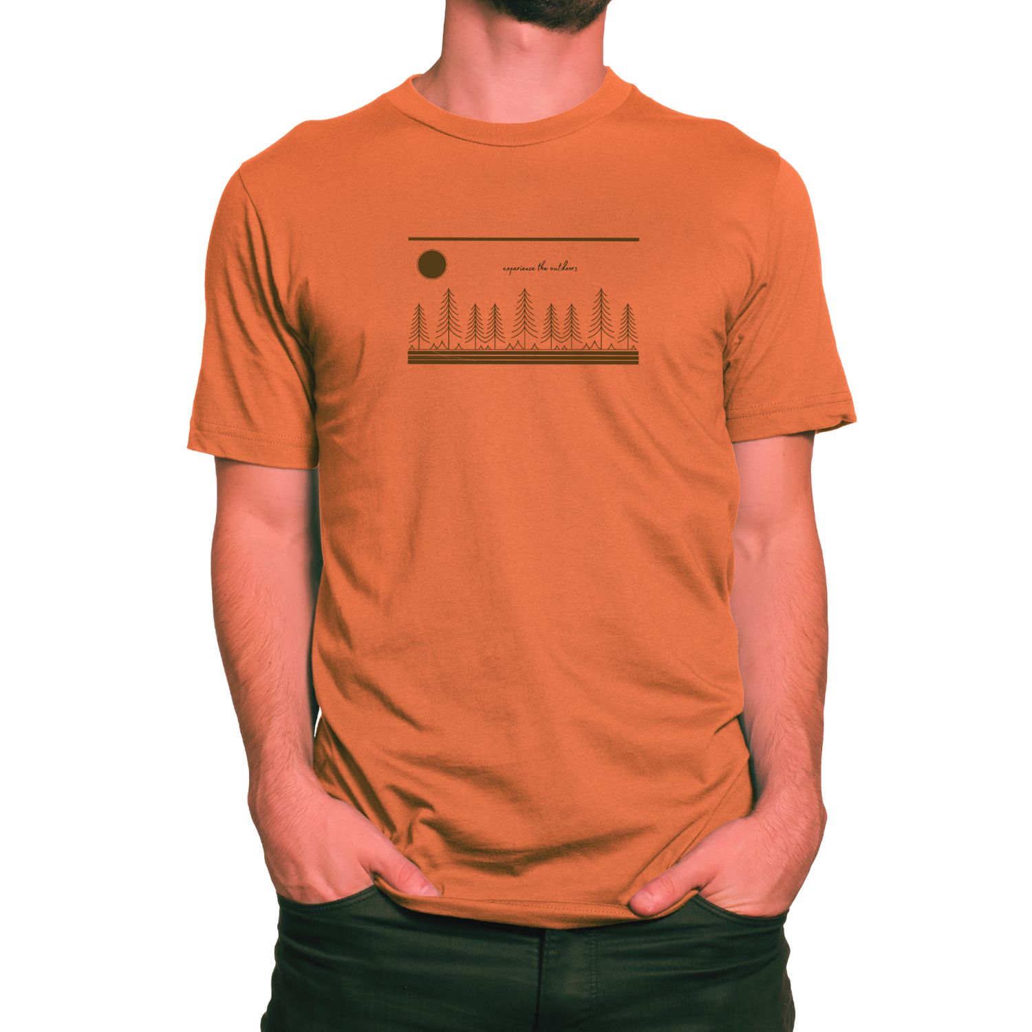 Model wearing orange NO&YO wilderness graphic tee with tree and sun illustration