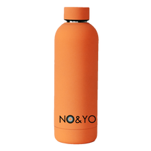 Load image into Gallery viewer, NO&amp;YO orange reusable water bottle with minimalist logo design – premium travel and adventure flask.
