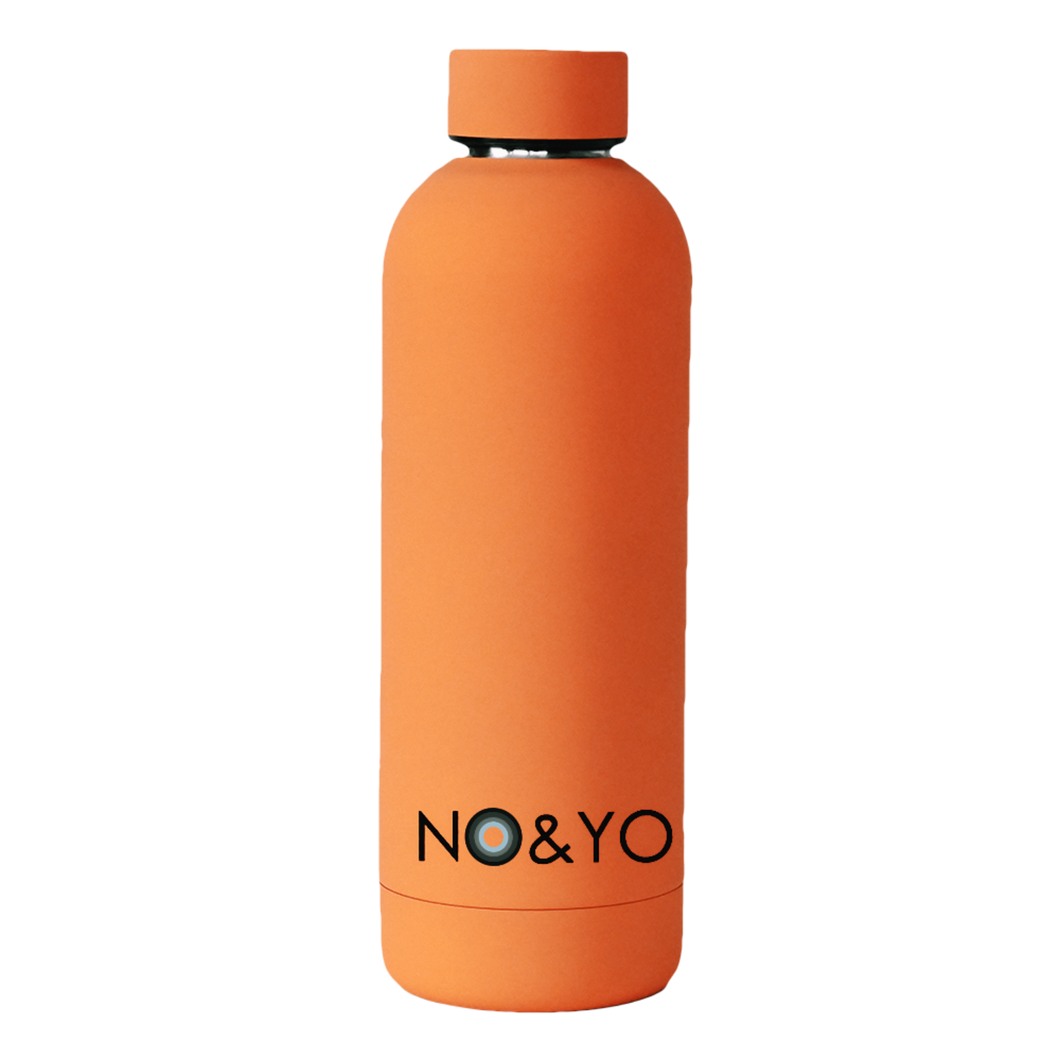 NO&YO orange reusable water bottle with minimalist logo design – premium travel and adventure flask.