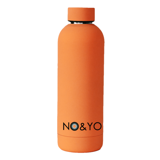 NO&YO orange reusable water bottle with minimalist logo design – premium travel and adventure flask.