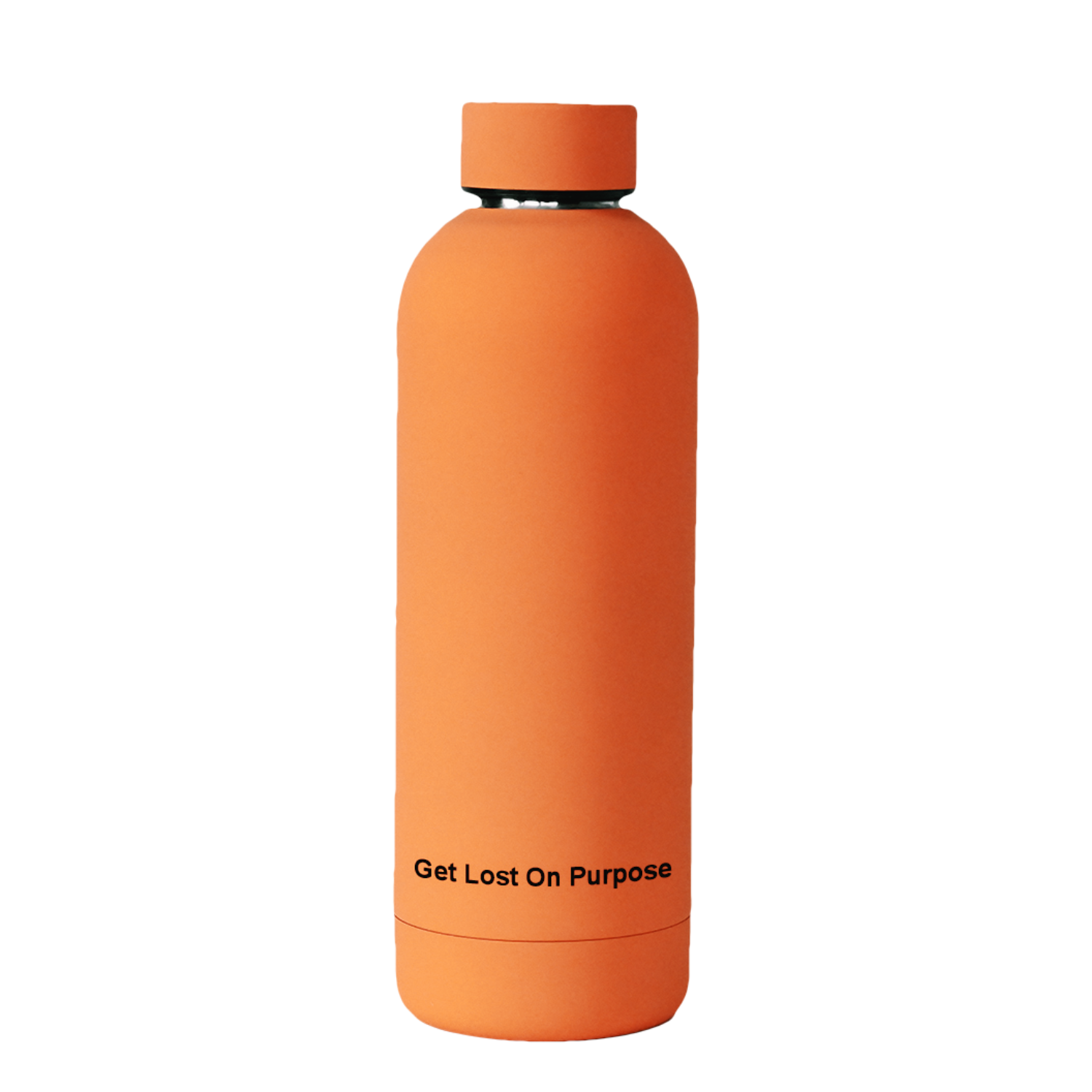 NO&YO bright orange water bottle with ‘Get Lost On Purpose’ text – eco-friendly and durable travel accessory.