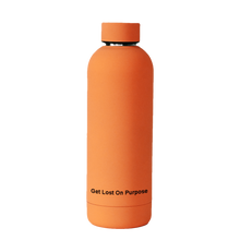 Load image into Gallery viewer, NO&amp;YO bright orange water bottle with ‘Get Lost On Purpose’ text – eco-friendly and durable travel accessory.
