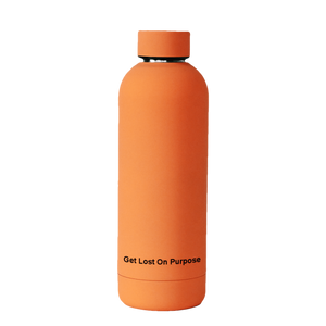 NO&YO bright orange water bottle with ‘Get Lost On Purpose’ text – eco-friendly and durable travel accessory.