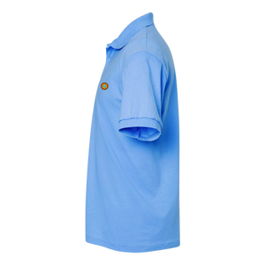 Side profile of NO&YO light blue polo shirt, showcasing tailored sleeves and breathable cotton fabric.