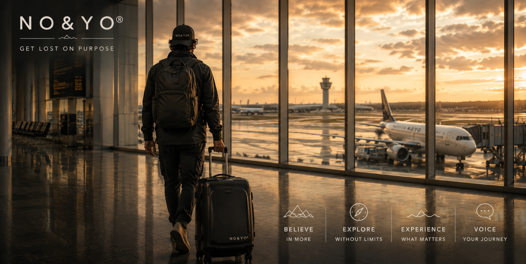 Cinematic NO&YO® airport travel banner featuring a modern explorer walking through a luxury airport terminal with luggage, large windows overlooking airplanes at sunset, and the brand pillars Believe, Explore, Experience, and Voice alongside the phrase Get Lost On Purpose.