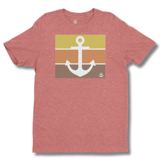 Front view of NO&YO’s men’s red anchor graphic t-shirt featuring a bold white anchor design over vintage stripes in mustard, orange, and brown.
