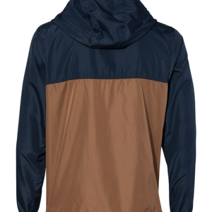 Back view of NO&YO men’s windbreaker in navy and saddle brown, stylish outdoor lightweight jacket.