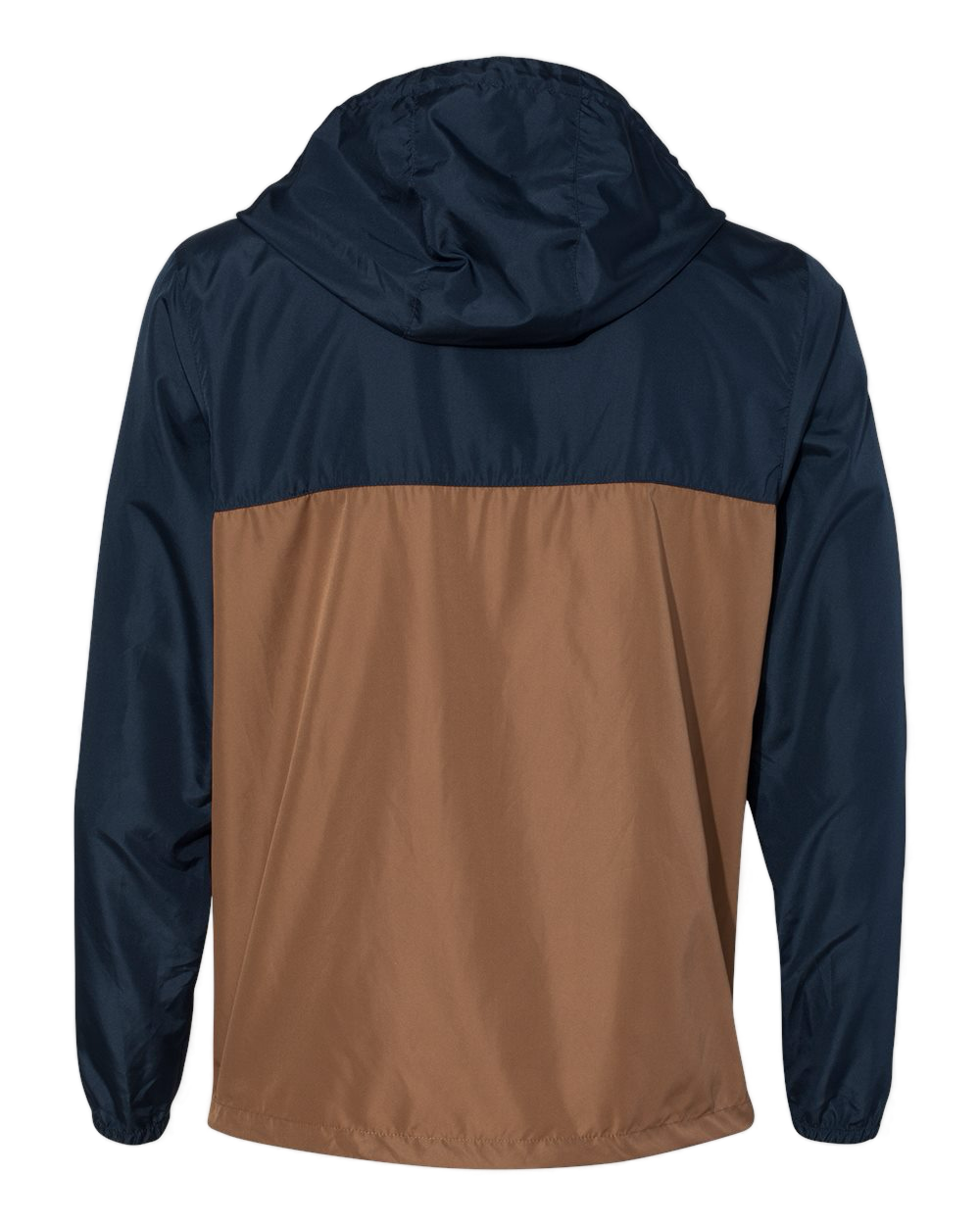 Back view of NO&YO men’s windbreaker in navy and saddle brown, stylish outdoor lightweight jacket.