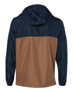 Back view of NO&YO men’s windbreaker in navy and saddle brown, stylish outdoor lightweight jacket.