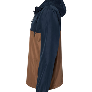 Side view of NO&YO navy and saddle colorblock windbreaker jacket with hood and front pockets.