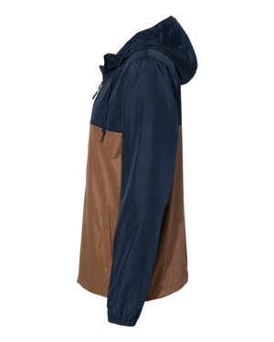 Side view of NO&YO navy and saddle colorblock windbreaker jacket with hood and front pockets.